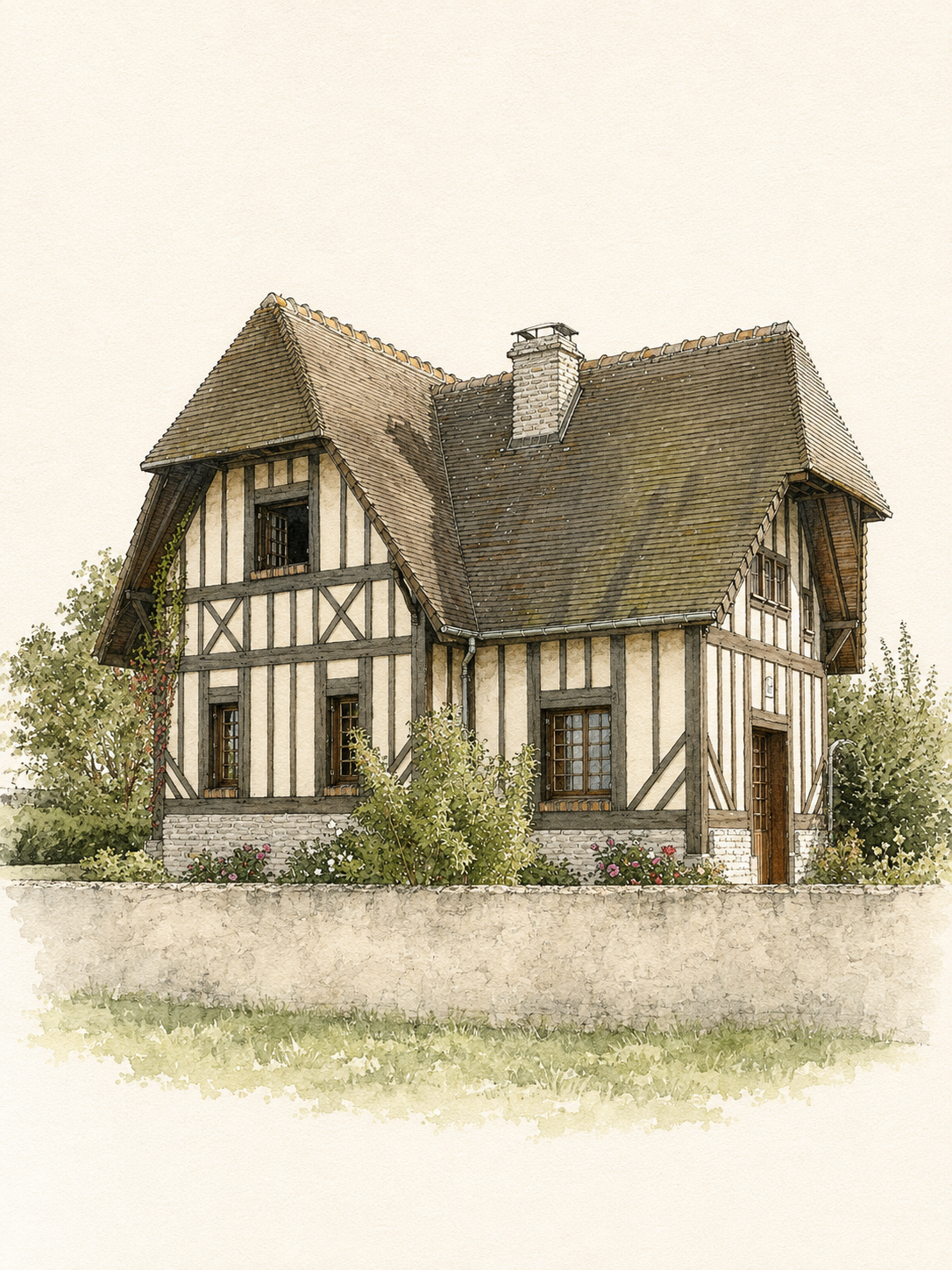 Ink and watercolor-style illustration of a timber-framed Normandy home