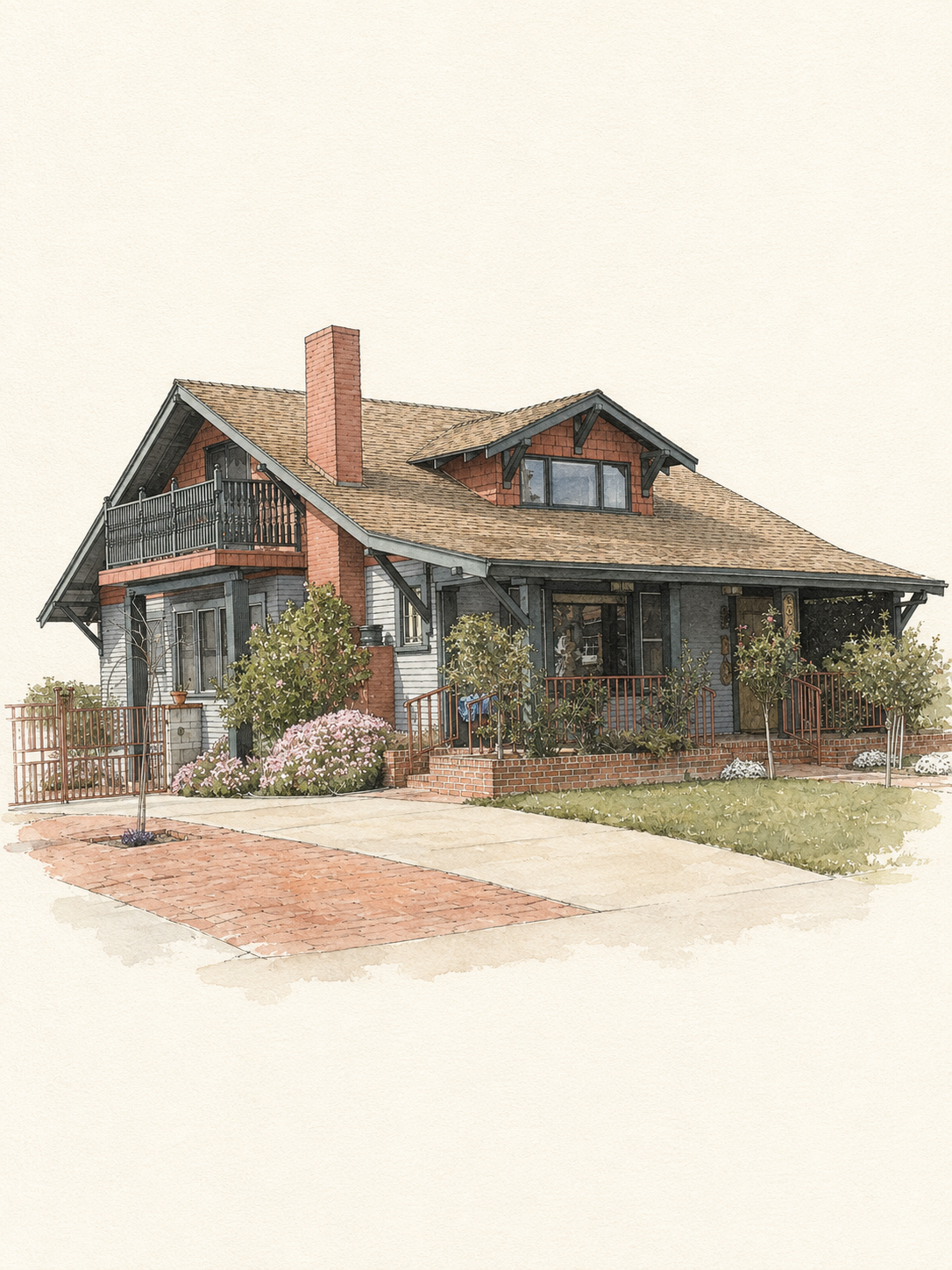 Example ink-and-watercolor-style portrait of a Craftsman house; your print is made from your own photograph